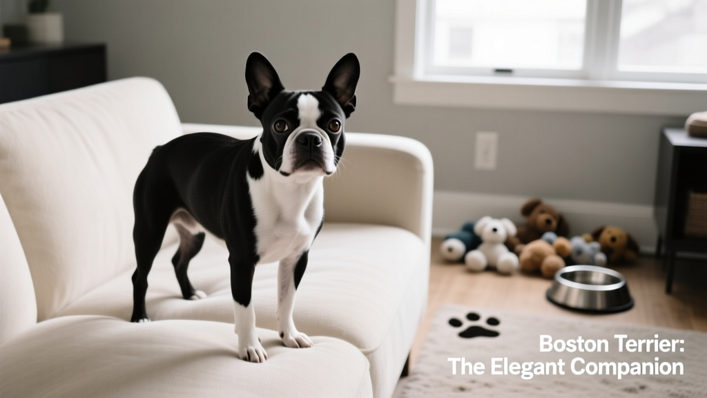 small black and white Boston Terrier standing on couch
