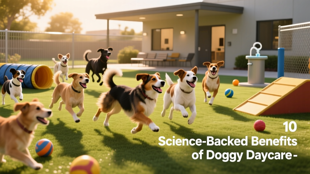 A mixed group of dogs joyfully running and playing together in a sunlit, fenced outdoor play area with soft turf and low agility obstacles