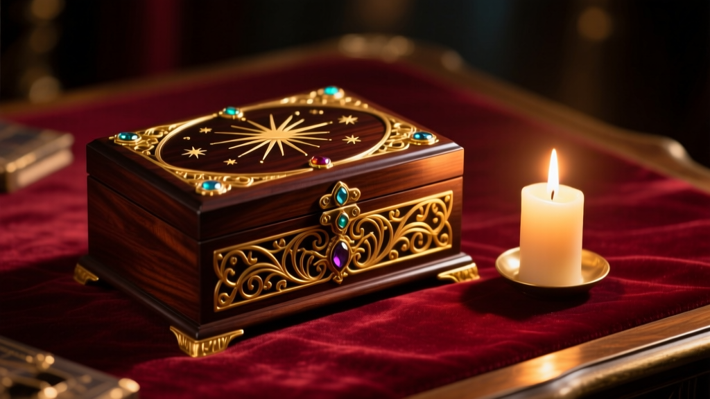 Dark mahogany ornate jewelry box with gold filigree on a velvet desk, lit by warm candlelight, evoking a fantasy gaming aesthetic.