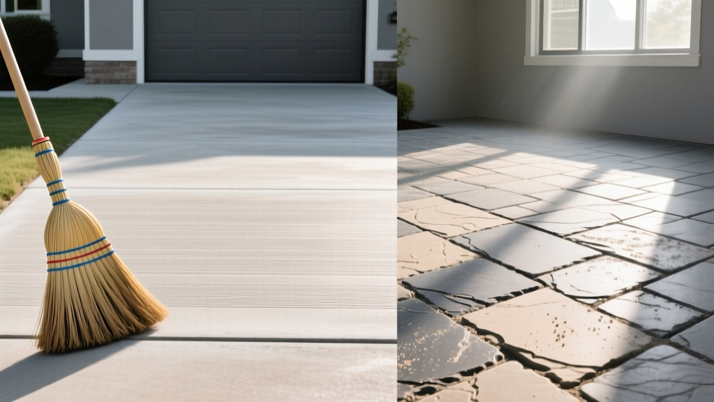 Side-by-side comparison of a fresh broom-finished regular concrete driveway and a freshly stamped slate-pattern concrete patio with release agent dusting