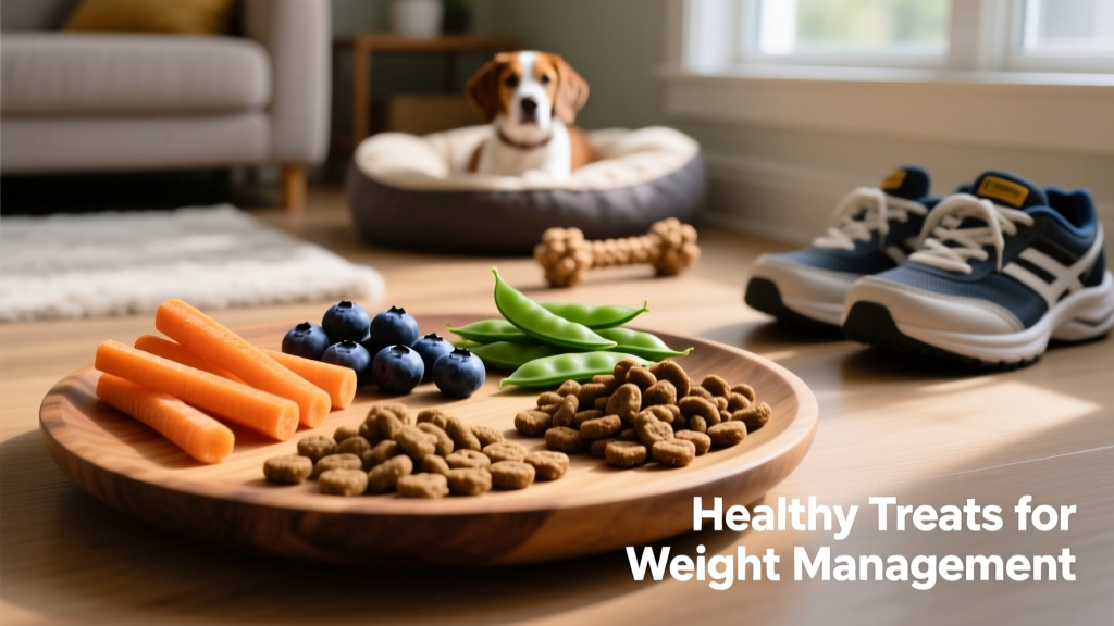 Healthy dog treat options arranged on a plate: carrots, blueberries, snap peas, and kibble