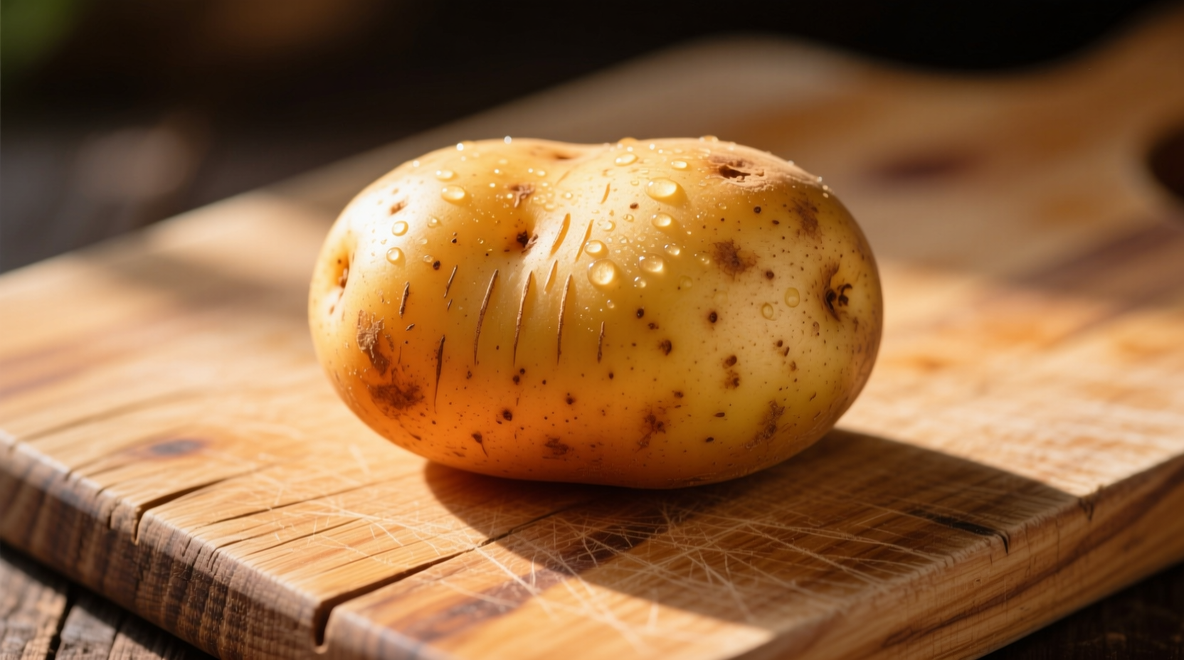 Golden Yukon potato on wooden cutting board