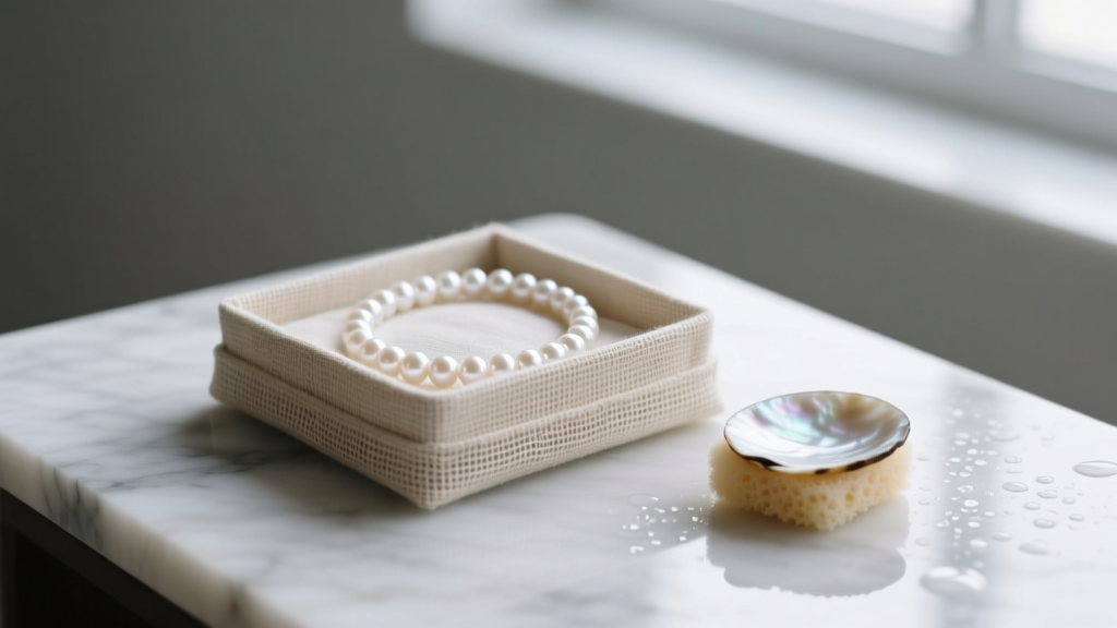White Akoya pearls in a breathable linen necklace box beside a damp sponge to maintain safe humidity for delicate organic nacre