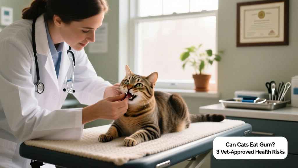 Veterinarian gently examining a calm domestic shorthair cat during a routine checkup