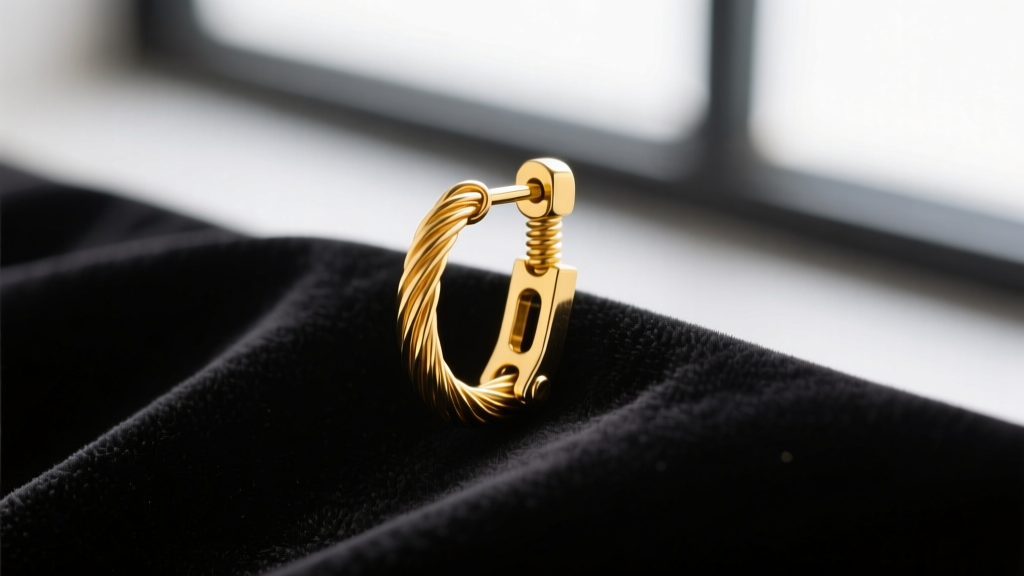 Macro shot of a 14k yellow gold leverback earring clasp closed on dark velvet, highlighting the hook tension and thick wire gauge.