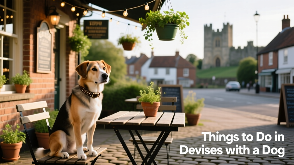 A relaxed dog seated beside a table at an outdoor café terrace in Devizes, with string lights and greenery overhead