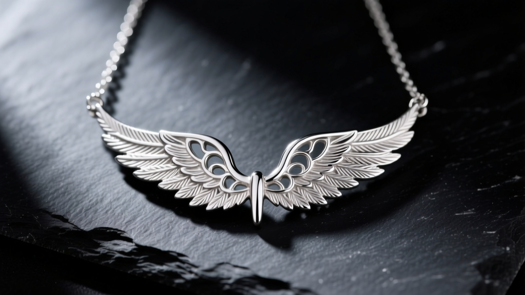 Macro photo of a delicate 925 sterling silver angel wing necklace on dark slate, highlighting intricate filigree feather details.