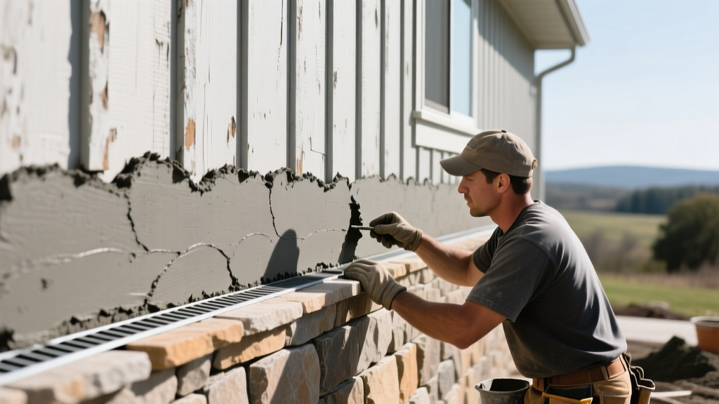 Mason applying gray mortar to install rustic manufactured decorative stone veneer on an exterior home facade with weep screed visible