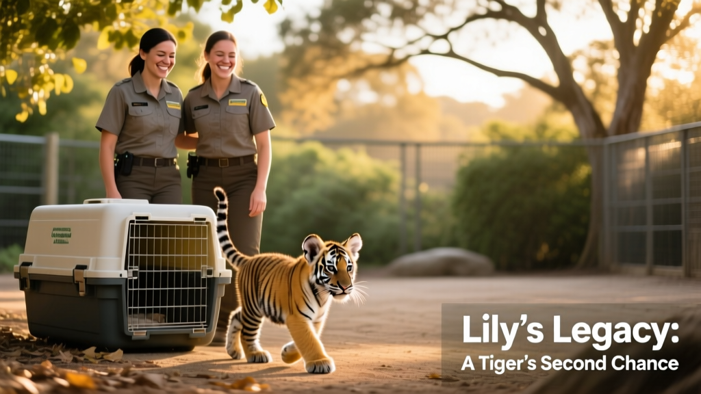 Zookeepers smiling warmly as they watch Lily walk confidently toward her transport crate, with soft lighting and calm surroundings