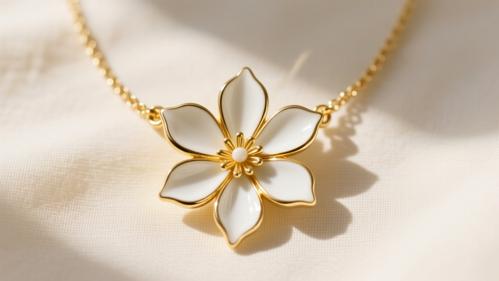 Gold-plated Pilgrim flower necklace with white enamel petals on cream linen in bright sunlight, top-down view