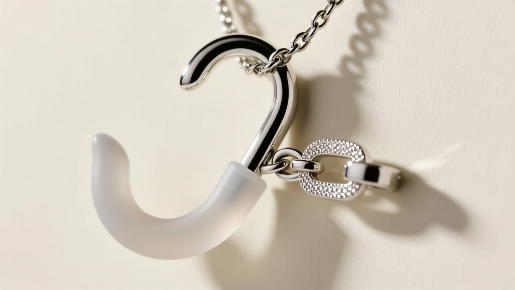 Macro view of a steel necklace hanger hook with silicone coating, resting against a polished sterling silver chain clasp.