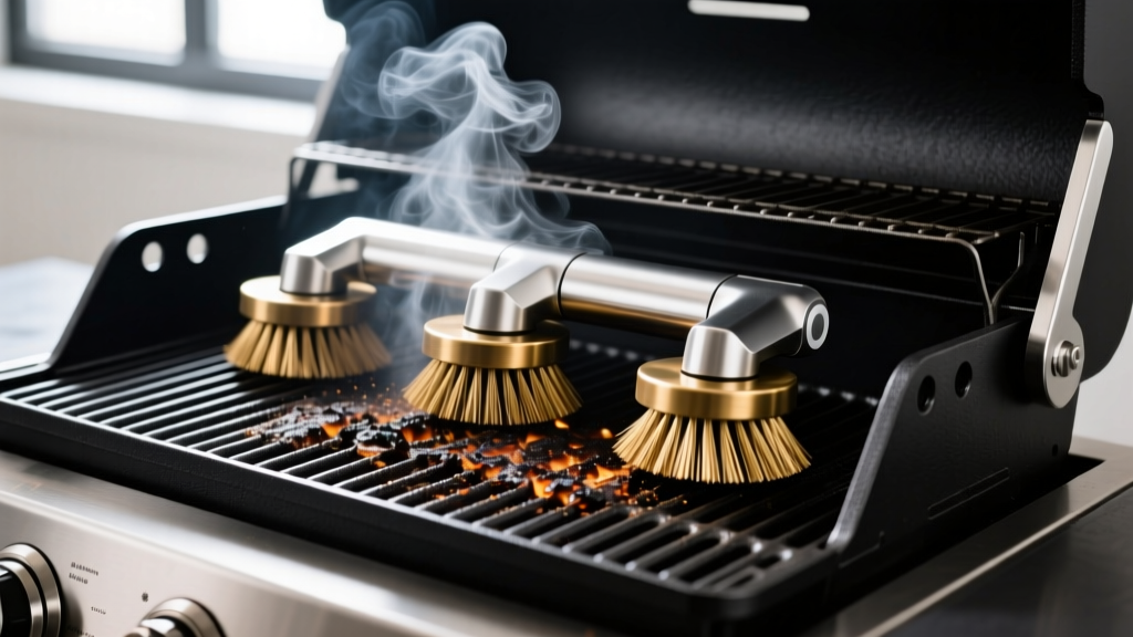 Automated robotic grill cleaner with three spinning brass wire brushes navigating black cast iron grill grates with smoke rising in background
