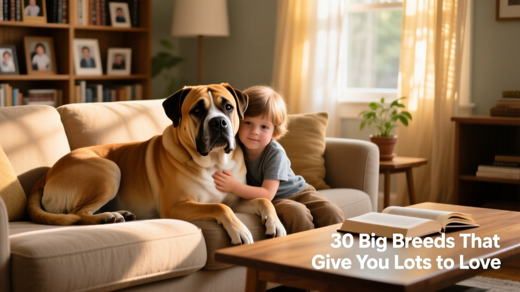 A Bullmastiff resting affectionately with a child on a living room sofa