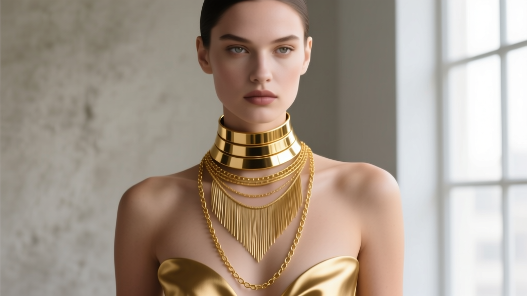 Model wearing a layered necklace stack with a rigid gold choker, the essential fringe necklace, and a long 24-inch gold chain.