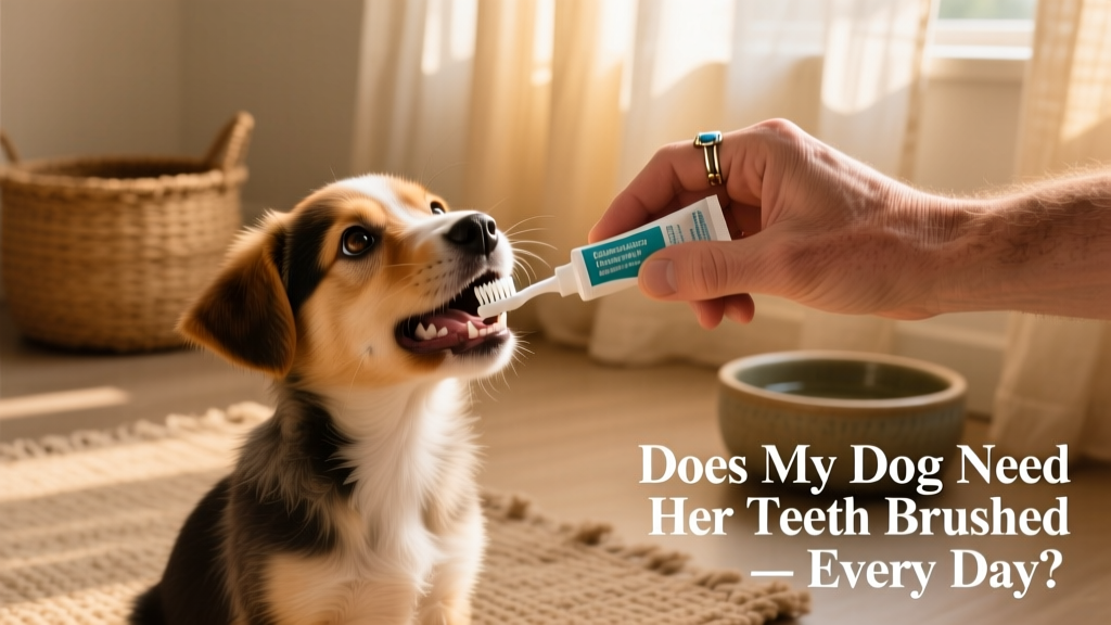 Hand gently brushing a small puppy’s teeth with a finger toothbrush and pet-safe toothpaste