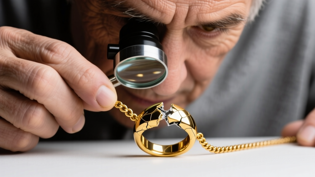 Macro shot of a jeweler inspecting a broken 14k gold spring ring necklace clasp under a 10x loupe with bright studio lighting.