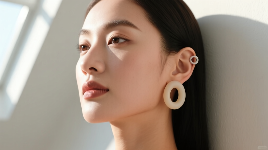 Portrait of a woman with stretched lobes wearing silicone tunnels, showing healthy, thick tissue edges in bright, soft daylight.