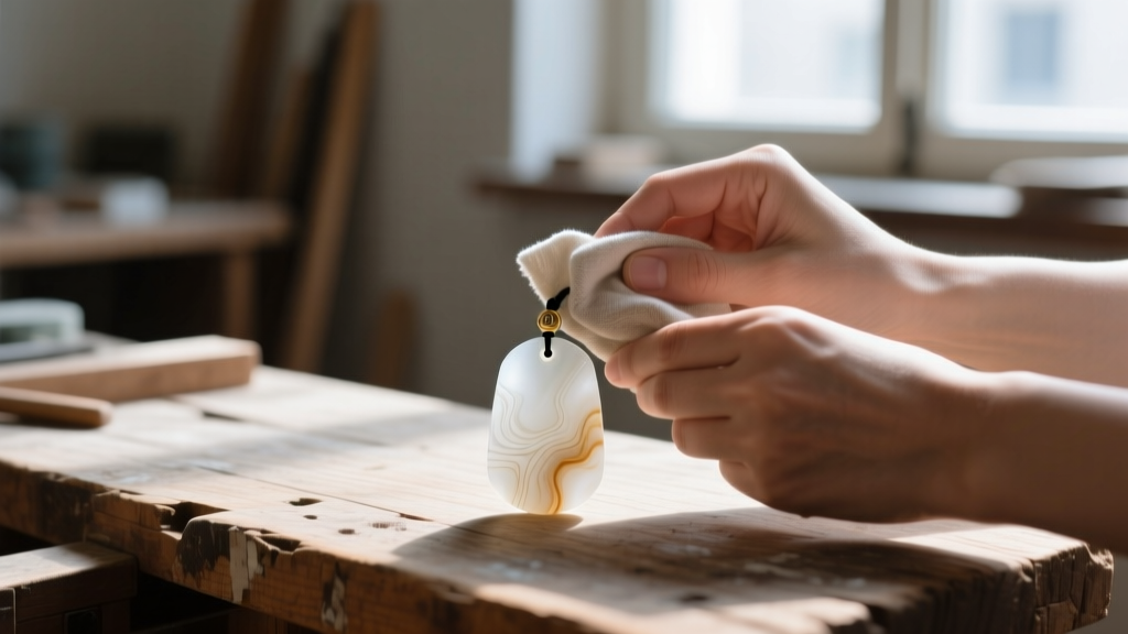 Hands gently wiping a carved alabaster pendant with a dry microfiber cloth on a wooden workbench under soft natural window light