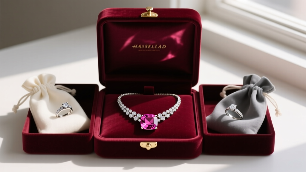 Pink tourmaline necklace resting in a velvet-lined box, separated from diamond rings by fabric pouches to prevent surface scratching