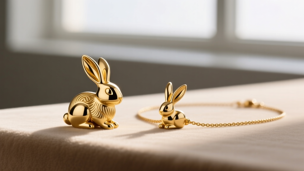 Side profile of an 18k gold bunny pendant with a slightly bent ear tip, placed next to a perfectly rigid 14k gold bunny necklace