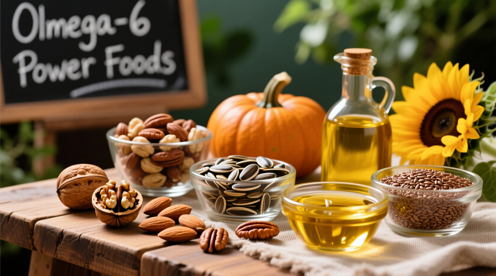 Colorful assortment of omega-6 rich foods including nuts, seeds, and oils