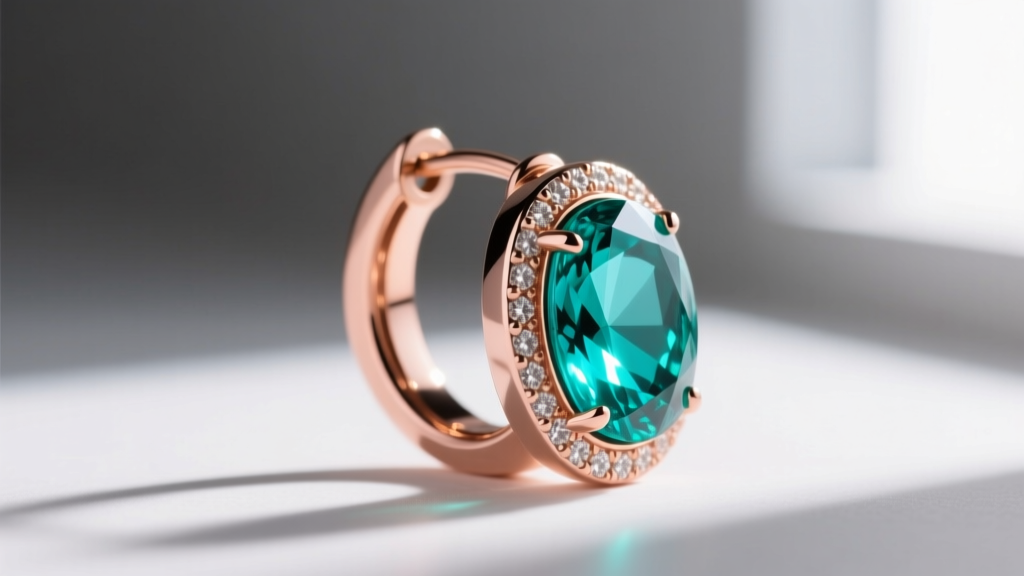 Side profile of a bezel-set paraiba tourmaline huggie in 18k rose gold, emphasizing the secure rim protecting the gemstone edge.