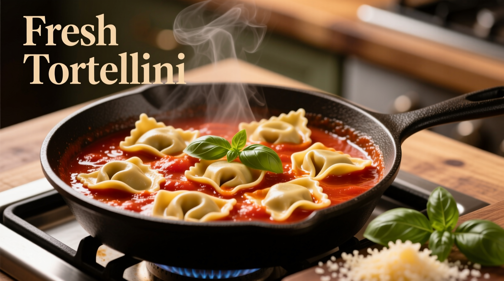 Fresh tortellini simmering in rich tomato sauce