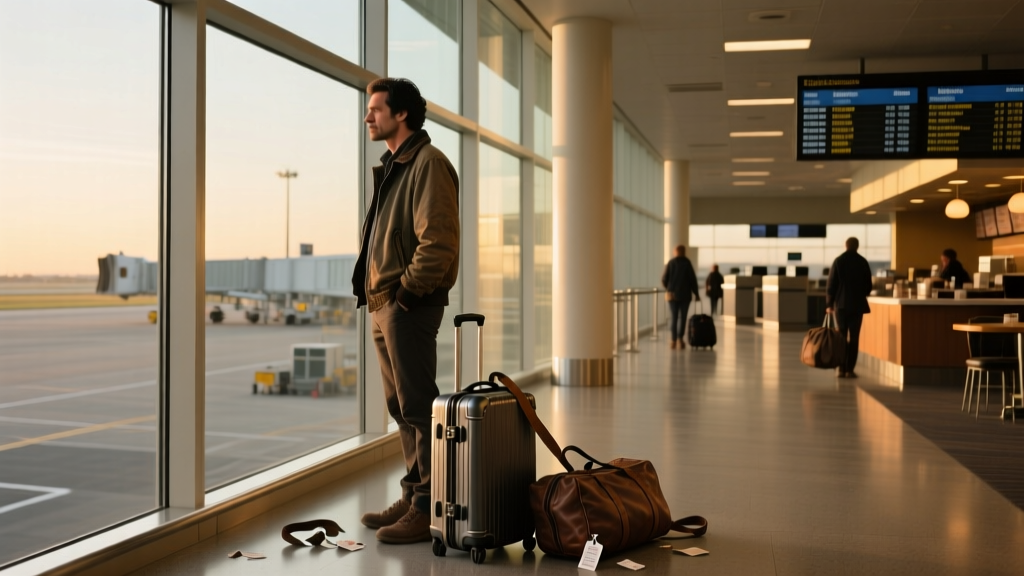 A black and white photo of a solo traveler standing alone in an airport