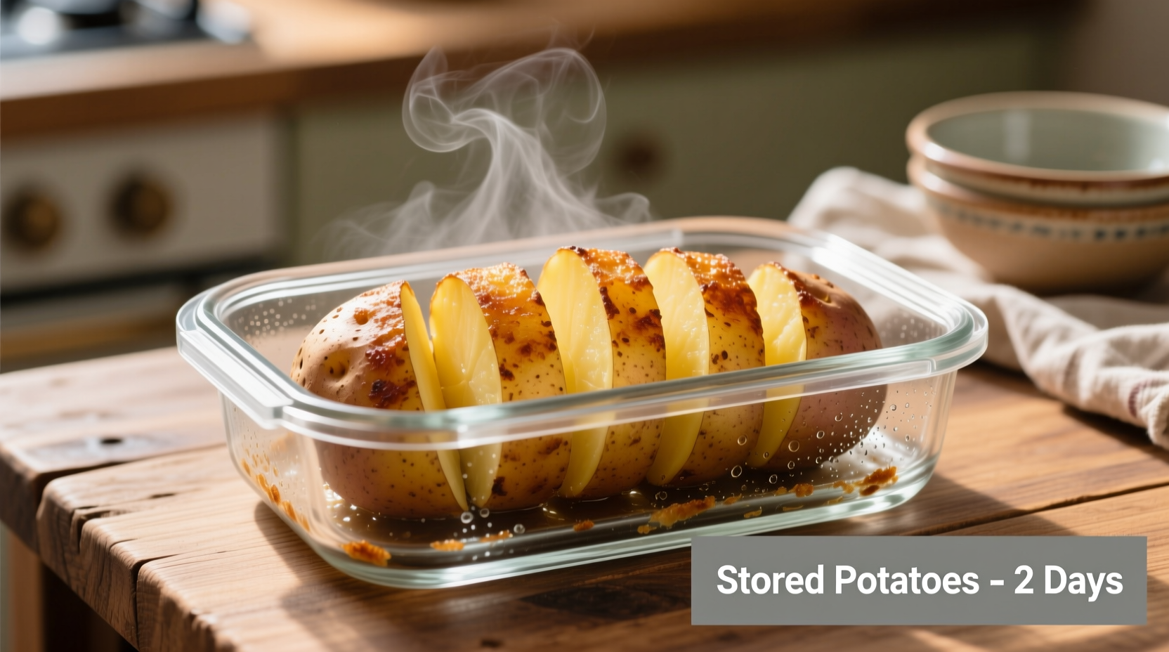 Properly stored cooked potatoes in glass container