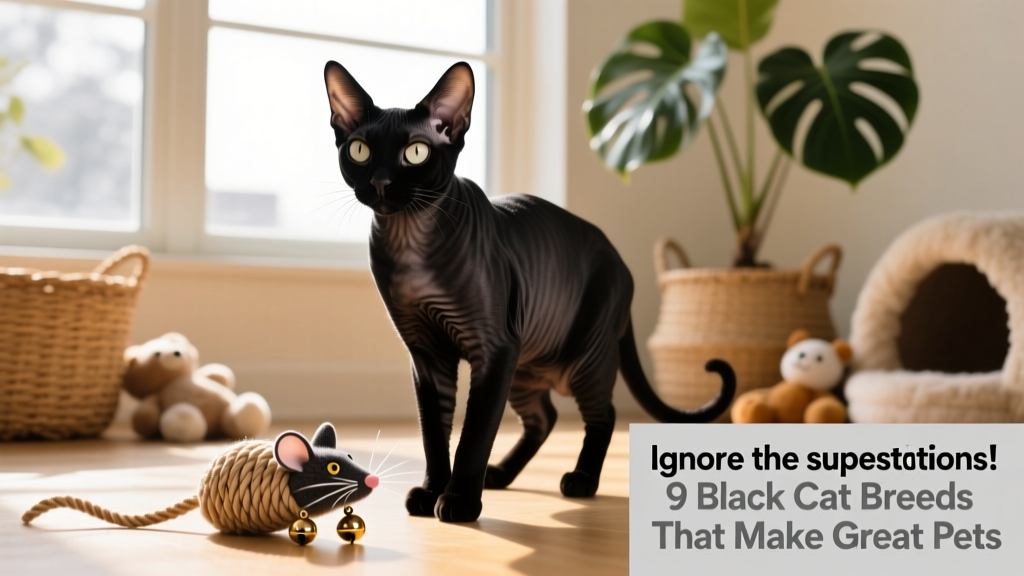 black cornish rex cat in front of a cat toy