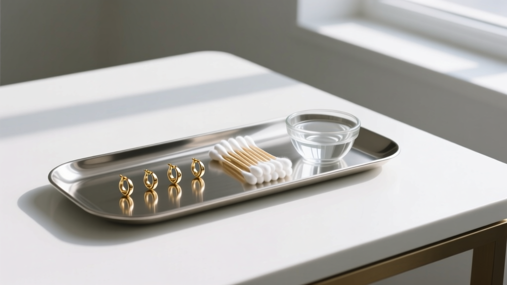 Steel tray holding gold earring posts, cotton swabs, and a glass bowl of isopropyl alcohol on a white desk.