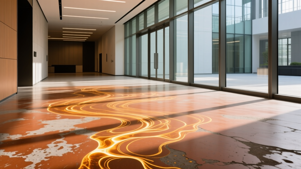 Close-up of a mottled terracotta acid-stained concrete floor with swirling amber patterns reflecting natural light in a modern commercial lobby