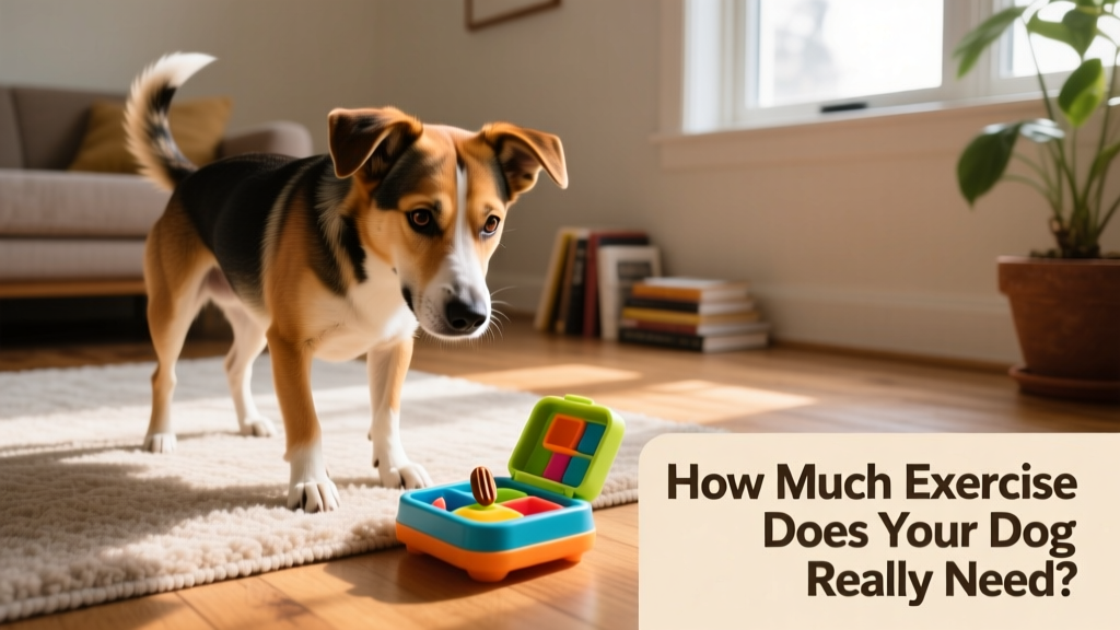 A mixed-breed dog focused intently on solving a treat-dispensing puzzle toy indoors