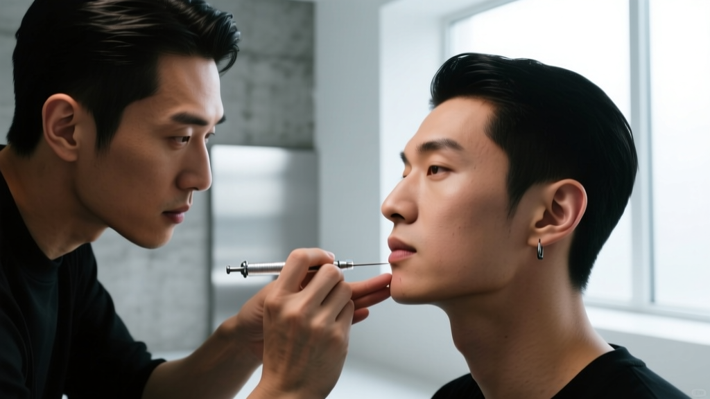 Professional piercer marking a male client
