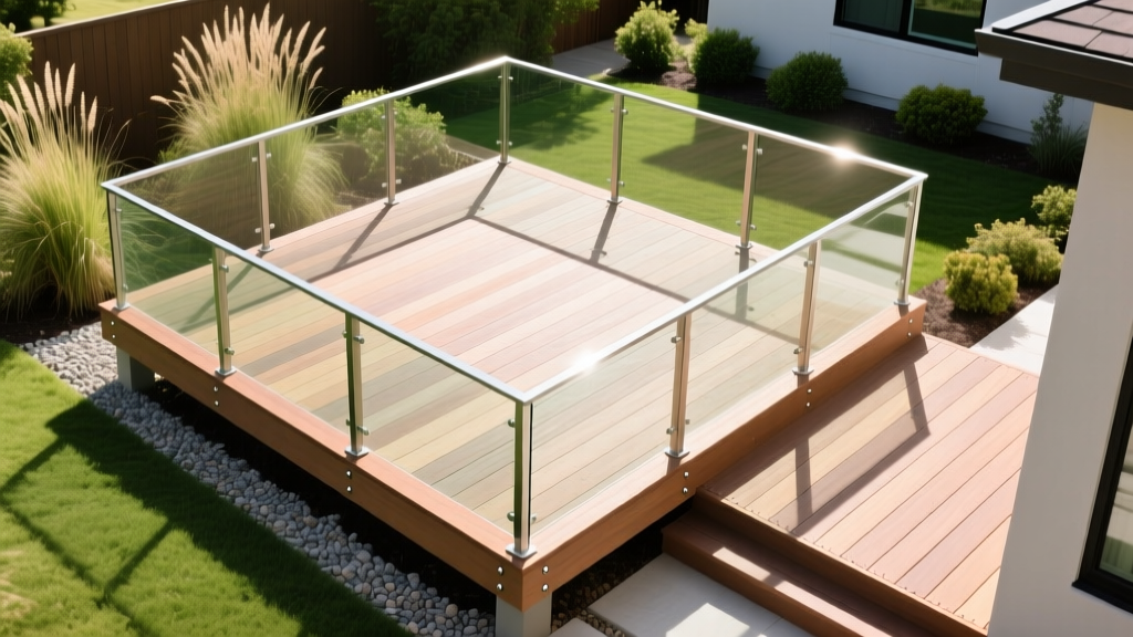 Overhead view of a newly built 15x15 foot composite deck featuring square edge fascia boards, hidden fasteners, and a modern glass railing system