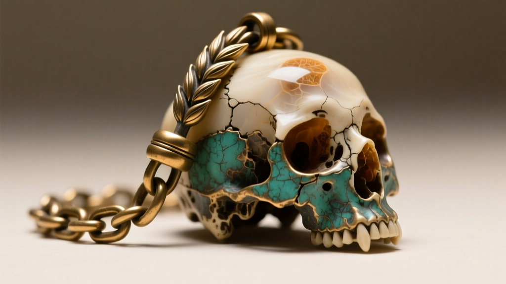 Macro shot of an oxidized brass wheat chain and bone-resin skull bail, highlighting dark fantasy jewelry craftsmanship