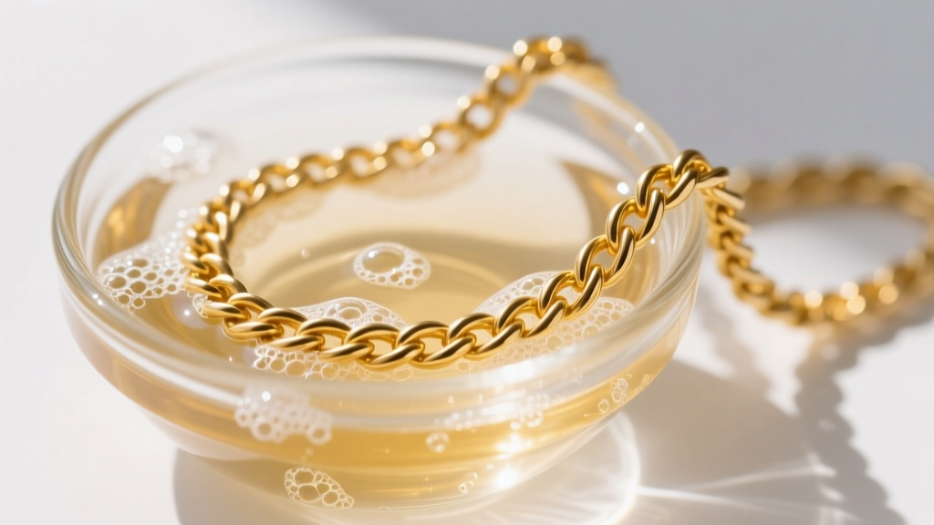 Close-up of a tangled 14k yellow gold rope chain resting in a small glass bowl filled with warm soapy water and soft suds