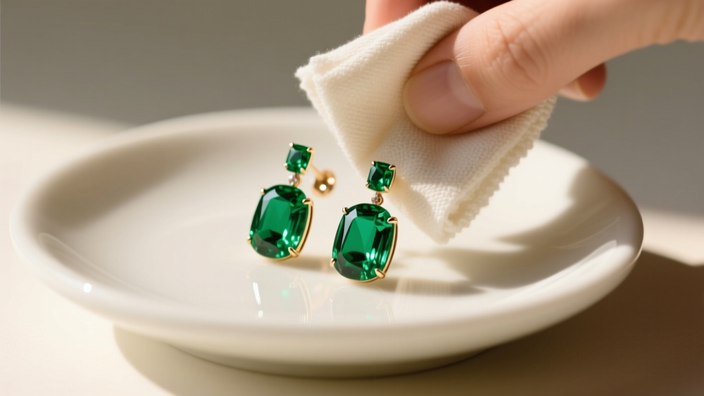 Emerald stone earrings being gently wiped with a soft microfiber cloth over a white ceramic jewelry dish in warm, natural sunlight.