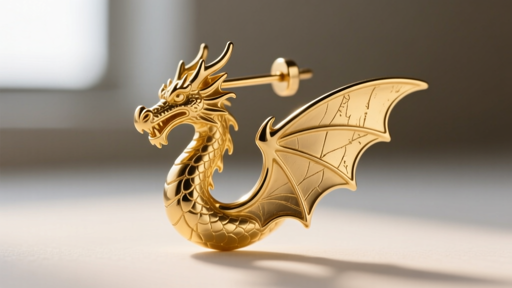 Close-up of an unpolished gold dragon earring casting sprue, showing matte metallic texture and fine wing membrane details