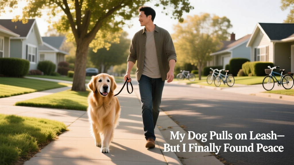 A calm dog walking politely beside their owner on a quiet neighborhood street