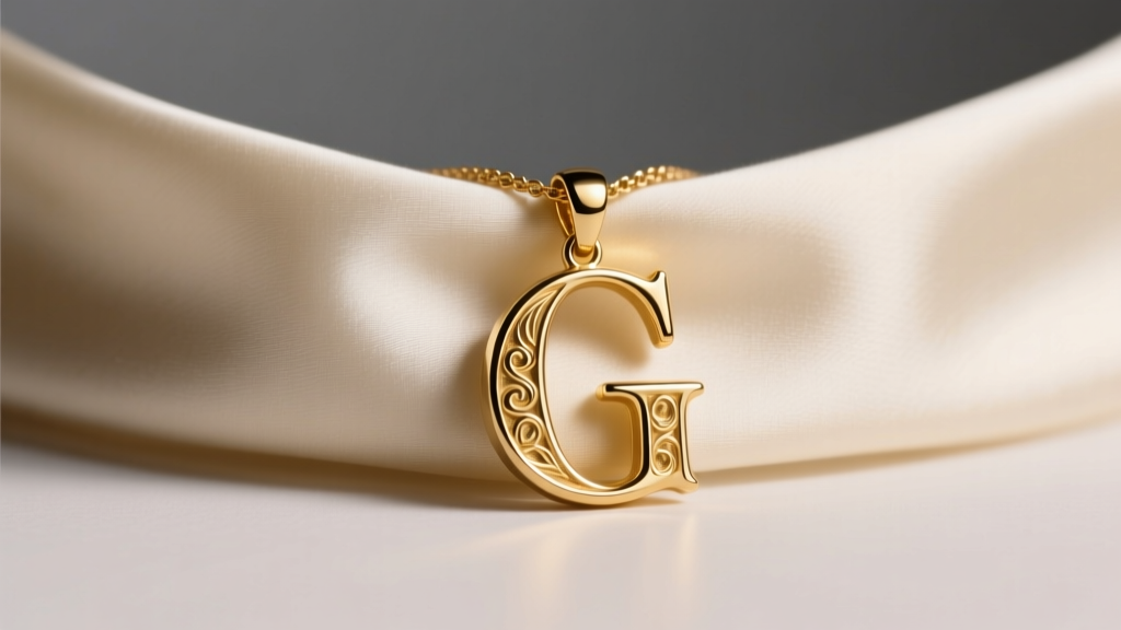 Close-up of a 14k solid gold letter G necklace with a serif font resting on a silk draped collarbone under soft studio lighting.