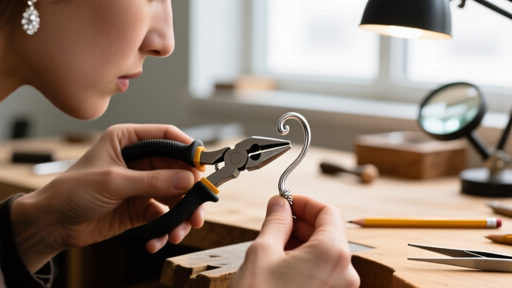 Side profile of a jeweler using nylon jaw pliers to gently reshape a bent 22-gauge sterling silver shepherd hook earring wire.