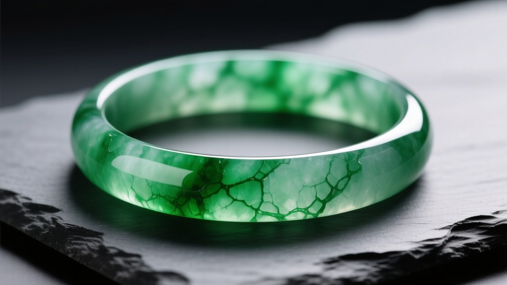 Close-up of a translucent emerald-green Type A jadeite bangle on dark slate, illuminated by soft directional studio lighting.