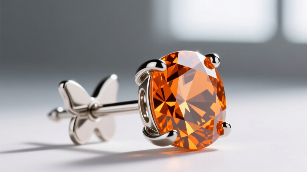 Macro view of an orange rhinestone earring displaying a 316L steel post, butterfly backing, and four secure metal setting prongs.