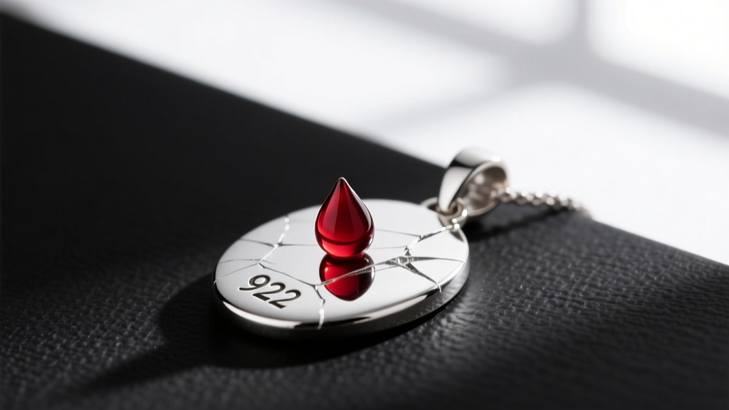 Drop of silver acid turning dark red on a scratched pendant, confirming genuine 925 sterling silver under bright natural daylight.