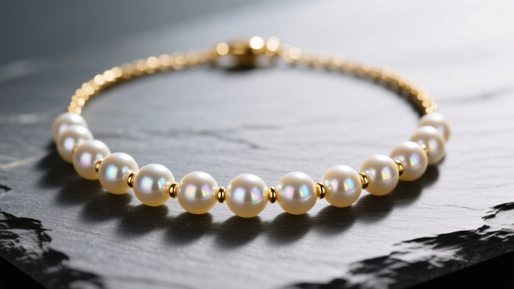 Macro view of a gold-plated necklace with round glass pearls on slate, highlighting surface luster and reflective pearl coating