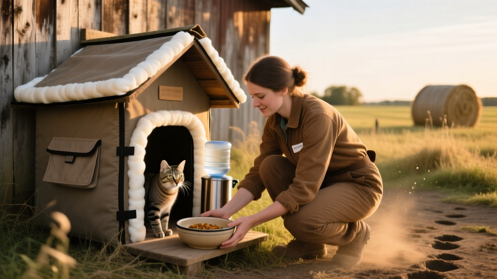 A volunteer placing food and water bowls inside a cozy, insulated outdoor cat shelter next to a barn wall