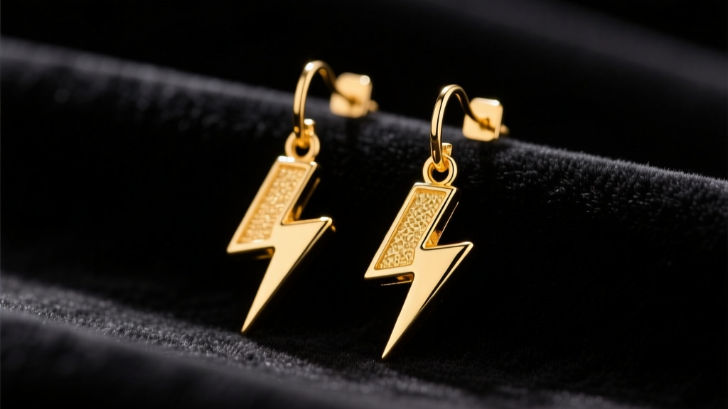 Macro shot of 18k gold drop earrings with a lightning bolt motif resting on black velvet under moody, dramatic lighting