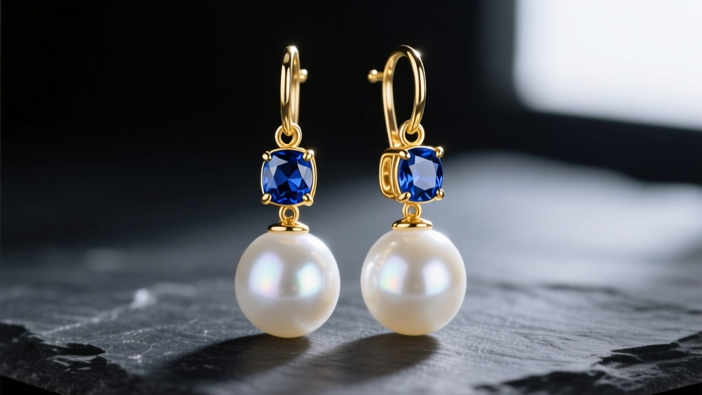Macro shot of 18k gold drop earrings with a bezel-set blue sapphire suspended above a luminous white Akoya pearl on dark slate.
