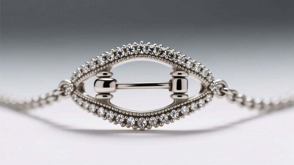 Macro photo of an antique platinum necklace clasp showing a safety catch and milgrain details under bright studio lighting